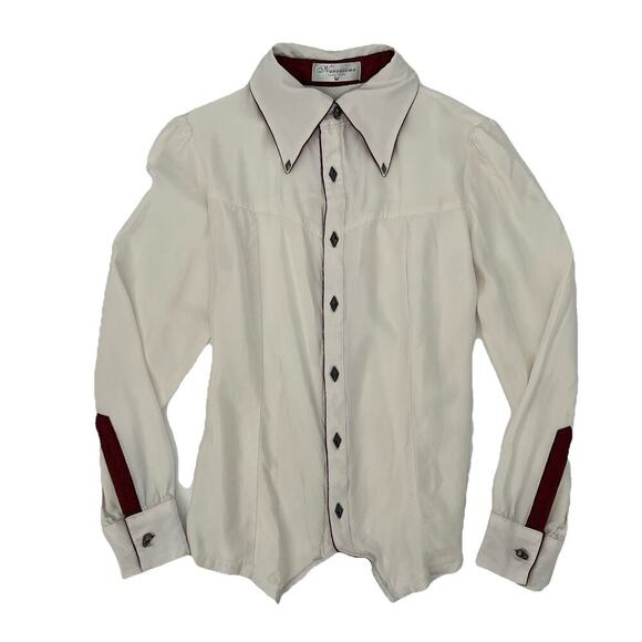 narcissus Tops - Vintage 70s Western Retro Blouse Ivory Burgundy Trim Skull Chrome Detail Size M